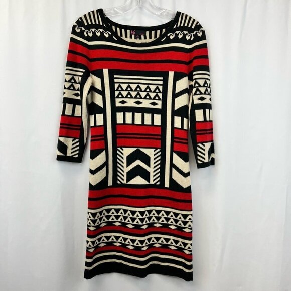 T/O Womens Sweater Dress Multicolor Geometric Stretch Knee Length Sleeve S - Picture 1 of 11